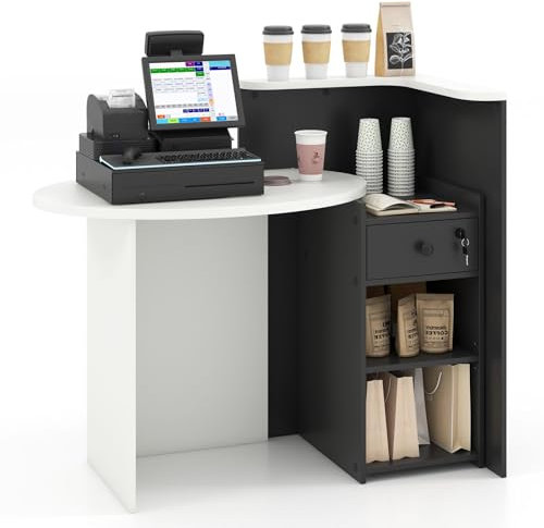 CASART Reception Desk, Retail Commercial Office Desk with 3-Position Adjustable Shelf & Lockable Drawer, Cashier Counter Workstation for Salon Clothing Store Restaurant (Black+White Tabletop)