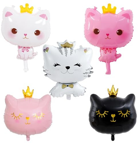 DazzJoy 5 Stk Katze Folienballon, Katzen Geburtstag Deko Katze Luftballons Geburtstag, Katzen Kindergeburtstag Deko Mädchen, Katze Helium Ballon für Babyshower, Hochzeit, Katzen Thema Party Dekoration