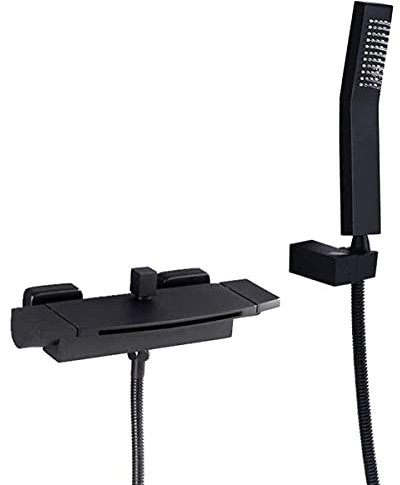 OJKJGY Badezimmer-Duschmischbatterie, Wasserfall-Messing-Einhebelmischer mit Handbrause und Schlauchset, Wandeinbau-Badewannenarmatur mit Duschmischer-Schwarz