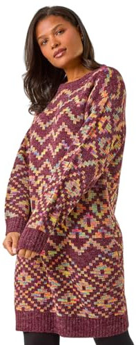 Roman Thick Jumper Dress for Women UK Ladies Fairisle Aztec Knitted Knit Sweater Knitwear Autumn Winter Holiday Round Neck Long Sleeve Soft Knee Length Sweat Warm Thick - Wine - Size 20
