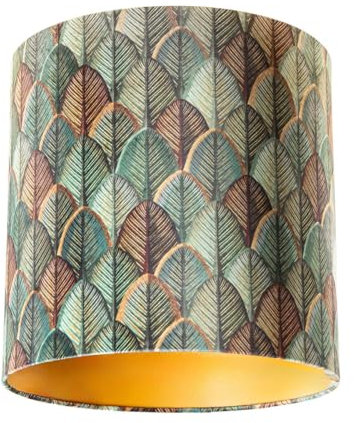 QAZQA Klassisch I Antik Baumwolle Samtlampenschirm mit Blattdesign und Gold I Messingener Innenseite 40I40I40, Zylinder Geeignet für Hängelampe