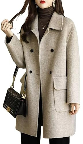BININBOX Manteau en Laine Mi-long Femme Veste Élégant Moderne en Motif Chevrons Trench à Col Revers Coupe-Vent avec Grandes Poches