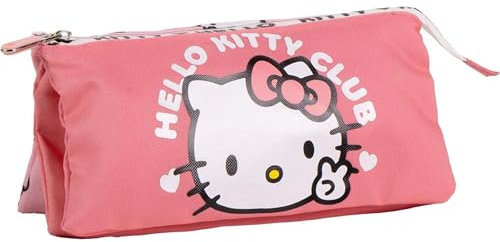 Estuche Portatodo 3 Compartimentos Hello Kitty –Cierre de Cremallera y Diseño Oficial de Hello Kitty, Ideal para Guardar Bolígrafo, Lápices