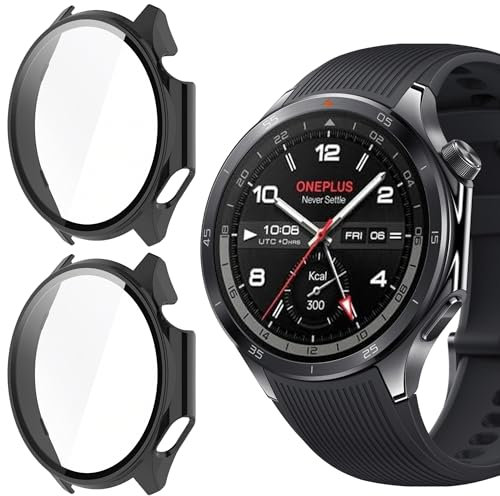 Compatibile con OnePlus Watch 3, Blueshaweu custodia rigida in PC con pellicola protettiva in vetro temperato compatibile con OnePlus Watch 3 Smartwatch 2025 (nero+nero)