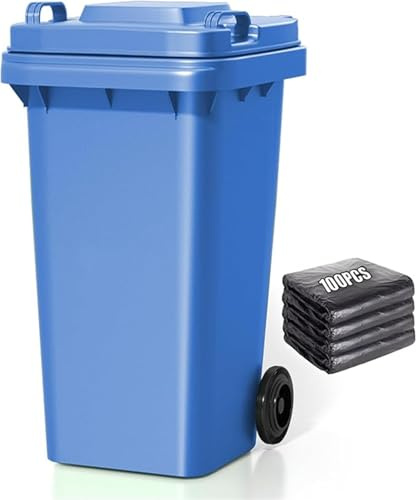 TINGMIAN Grande poubelle, poubelle commerciale extérieure avec 100 sacs de rangement, poignée portable et design à rouleau solide (Bleu, 100L)