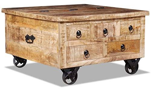 Refined mit 5 Schubladen 1 Staufach Vintage Beistelltisch Wohnzimmertisch Kaffeetisch Sofatisch Couchtisch Raues Mangoholz 70x70x40 cm