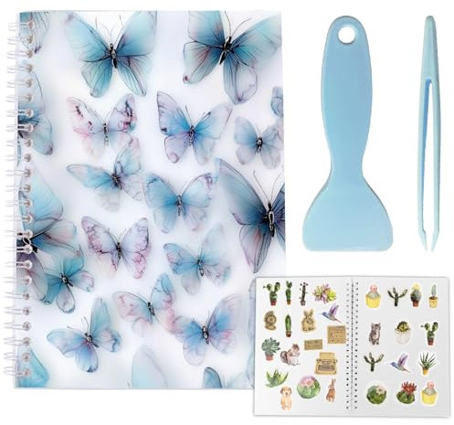 craspire 40 Blatt Wiederverwendbares Stickeralbum Sticker Sammelbücher A5 Trennpapier Wasserfest Blauer Schmetterling Blanker Sammlungs Aufbewahrungs Organizer Halter Mit Schaber Und Pinzette Zum