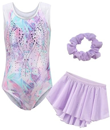 Happy Cherry Body Ginnastica Artistica Ragazze Senza Maniche Balletto Leotards con Gonnellino e Fascia per Capelli Danza Classica Ritmica Body Strass Brillante Viola 7-8 Anni