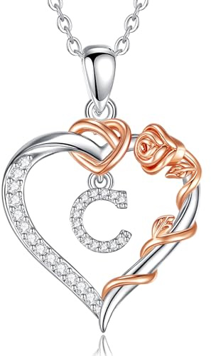 EUDORA Harmony Ball Collana con Iniziale a Forma di Cuore in Rame Placcato Rodio per Donna, Ciondolo a Forma di fiore in oro Rosa con Lettere Dell'alfabeto Dalla A alla Z Regalo di Gioielli, 18+2