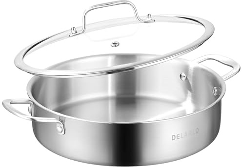 DELARLO 8QT Tri-Ply Stainless Steel Saute Pan with Lid 13in Deep Frying Pan | No-coating Surface Induction Jumbo Cooker Efficent Fast Even Heating Cooking Pan.Dishwasher and oven Safe Design.