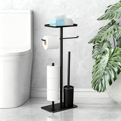 Portarrollos de Papel Higiénico de Pie con Escobillero,Portaescobilla y Soporte,Portarrollos de Papel higiénico de pie Negro con Estante Superior,sin Necesidad de Taladrar para toallitas húmedas,baño