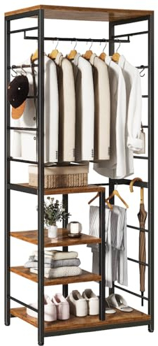 IBUYKE Garderobenständer auf Rollen,Kleiderständer,Braun TMJ089H | Freistehende Garderobe mit 6 Haken,Industrieller Kleiderständer für Eingangsbereich, Flur, Schlafzimmer,163.5 x 60 x 40 cm