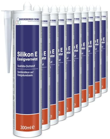 Ravensberger Chemie Silikon E essigvernetzt – Sanitär Dichtstoff für Bad, Küche & Bau – acetoxy, elastisch – ideal für Fugen an Waschbecken, Dusche, Wanne, Fliesen & Glas – Kartusche (10 x 300 ml)