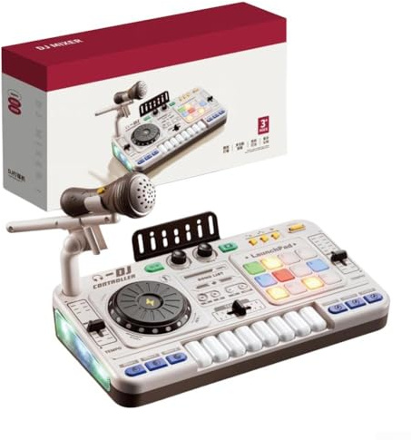 Interaktiver DJ-Mixer für Kinder mit LED-Lichtern, kabellosem Mikrofon, 12 Tracks & 3 DJ-Effekten – ABS-Konnektivität, Alter 3–12 (weiß)