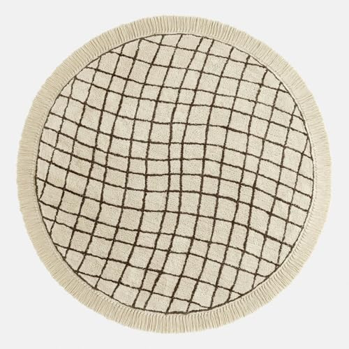 Loberon Teppich Puffino - Weich Getuftet - Verspieltes Karomuster - Fransenabschluss - Ø 150 cm - Wohntextilien - Wohnaccessoires - Baumwolle, Creme/braun