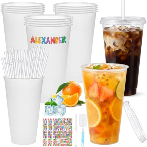 Amentalove 15PCS Reusable Plastic Cups with Lid and Straws, 710ml/24oz Slushie Cups, Clear Plastic Cold Drinking Tumblers with Letter Stickers Brushes for Smoothies Juice Iced Coffee Party Cups