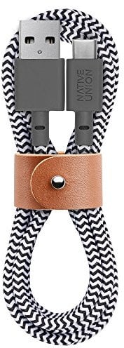 Native Union Belt Cable USB-C a USB-A - 1,20 Metres Ultra-Robusto Reforzado Cable de Carga con Correa de Cuero - Compatible coniPhone 15, Samsung Galaxy Z Fold 5, Flip 5 / S23 Ultra, iPad Pro (Zebra)