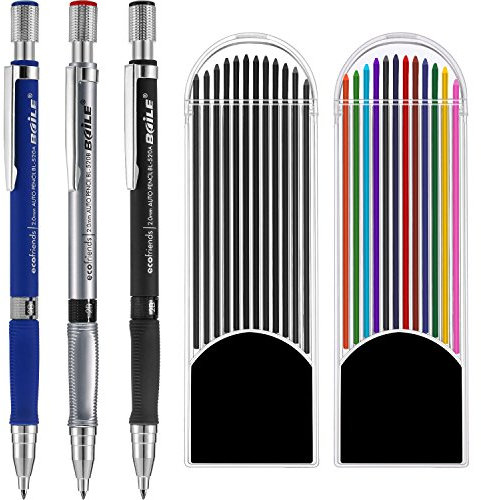 3 Stück 2,0 mm Druckbleistift mit 2 Hüllen Bleimine, Farbe und Schwarz Minen für Entwurfszeichnung, Schreiben, Basteln, Kunstskizzen