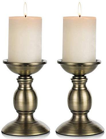 NUPTIO Eisen Säulenständer Kerzenhalter, Tischdekoration Kerzenständer Für Hochzeit, Party, Geburtstag, Abendessen Bei Kerzenlicht, Vintage Kerzenständer Hausdekoration, Kupferfarbe (Brok, 2 x Klein)
