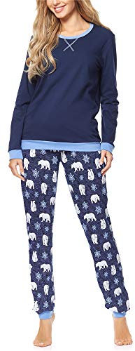 Merry Style Damen Lang Zweiteiliger Schlafanzug aus Baumwolle Pyjama Set Winter MS10-168 (Dunkelblau Bär-2, XL)