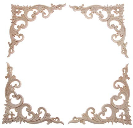 4Pcs 15cm Wood Carved Unpainted Sharp Corner Onlay Applique Unique Style Furniture Frame Decor