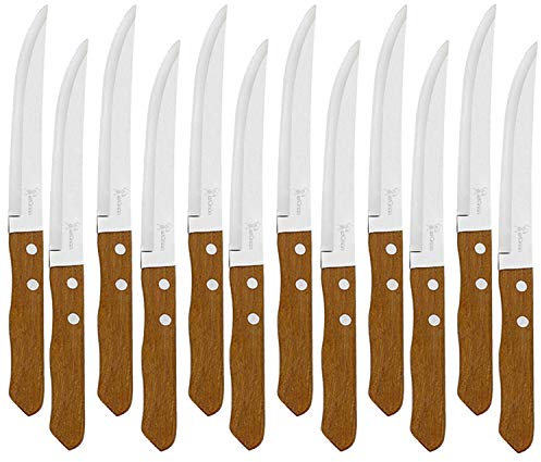 Juego de 12 Cuchillos de mesa con mango de madera natural, Cuchillo de Carne Acero Inoxidable - Hoja de Filo Liso