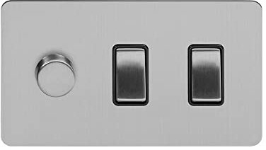 Soho Lighting Brushed Chrome Flat Plate 3 Gang Light Switch with 1 Dimmer (2x2 Way Light Switch with 1x Trailing Edge Dimmer) Blk Ins Screwless