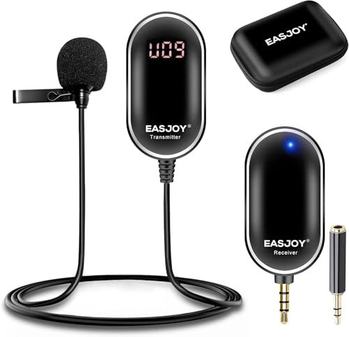 EASJOY Microfono senza fili Lavalier, con clip radio UHF su microfono e sistema di registrazione in tempo reale, con custodia di monitoraggio e conservazione in tempo reale