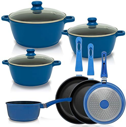 Callaway Indigo Induktions-Kochgeschirr, 7-teilig, Aluminiumguss, antihaftbeschichtet, Glasdeckel, Pfannen, Topf, große Dicke, Glaskeramik, Gas