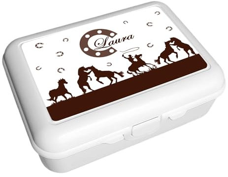 CreaDesign, Kinder Brotdose, Lunchbox, Vesperbox weiß mit Fächern Einsatz, ideal für Kita, Kindergarten und Schule, Cowboy Pferde braun, 13,9 x 19 x 7 cm, Volumen 1 Liter
