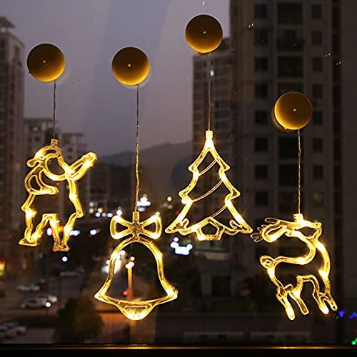 Bseical 4 Stück Weihnachtslichter LED Fensterbank mit Batteriebetrieben, 3D Illusions Lampen Hängende Lichterkette, Leuchtende Deko mit Saugnapf, Weihnachtsdeko Amerikanisch für Warmweiß Licht (A)