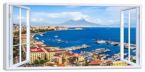 LuxHomeDecor Quadro finestra sul golfo di Napoli vesuvio 100x50 cm Stampa su Tela con Telaio in Legno Arredamento Arte Arredo Moderno