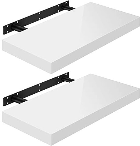WOLTU Wandregal Volato Set von 2 Regalen Wandboard freischwebend Schweberegal CD DVD Regal Bücherregal Holz Board 50x22,9x3,8cm Hochglänzend Weiß RG9477ws-2