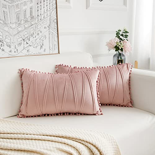 FabThing 2 Stück Kissenbezüge, rechteckig, aus Samt mit gestreiften Bommeln, dekorativ, super weich, für Haus, Wohnzimmer, Schlafzimmer, für Sofa, 30 x 50 cm, rosa