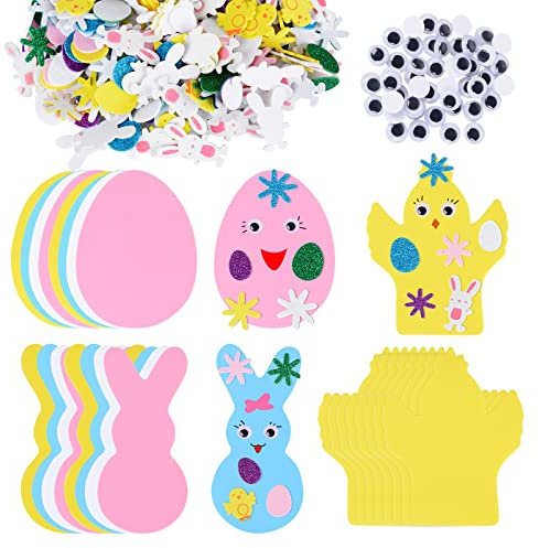 BOFUNX 24 Stück Moosgummi Aufkleber Ostern, Ostern Bastelset Kinder Ostereier Kaninchen Huhn Eva-Aufkleber Bastelset für Kinder Osterdeko Blume Augen Pailletten Dekoration Osterkunst zum Basteln