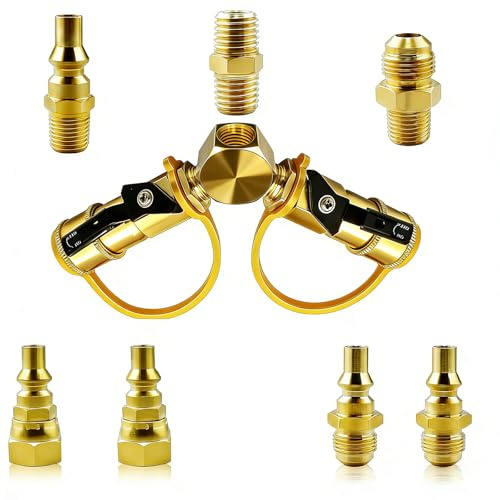 MCAMPAS Kit d'adaptateur répartiteur de propane en Y de 6,35 mm – 2 voies pour camping-car à griller raccord et déconnexion rapide de tuyau de gaz LP pour camping-cars, remorques et appareils de
