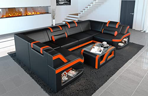 Sofa Wohnlandschaft Padua Ledersofa U Form - mit LED Beleuchtung, verstellbare Kopfstützen/Lederfarben wählbar (Schwarz-Orange)