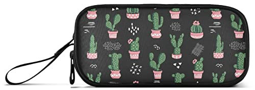 Seamless Green Cactus Cacti Pink Pots on Black Pencil Case, Pencil Bag Storage Pouch Pen Marker Stationery Bag Holder for School College Office Portable Zipper Pouch Case