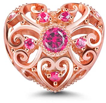 GNOCE Hohles Herz Personalisierte Geburtsstein Charm 925 Silber Dangle Birthstone Beads Charm Fit Armband/Halskette für Frauen Mädchen Tochter (Juli-Rubin)