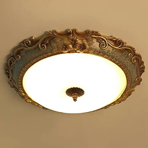 Deckenleuchte Antik Wohnzimmer Lampe Glas Lampenschirm Weiß Schlafzimmer Rustikal Leuchte, LED Bürolampe Weinlese Lampe, Ø50cm, E27 Deckenlampe Esszimmer Nordic Runde goldenes Harz Dekorative Lichter