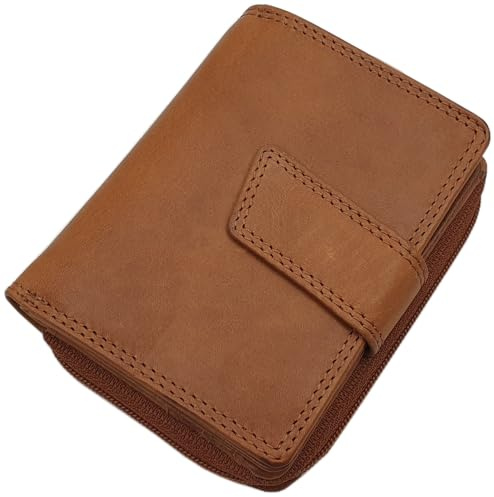 Kleine Echt Rindleder Damen Geldbörse/Geldbeutel/Portemonnaie/Geldtasche in Hochformat mit RFID & NFC Schutz (Ohne Motiv/Cognac)