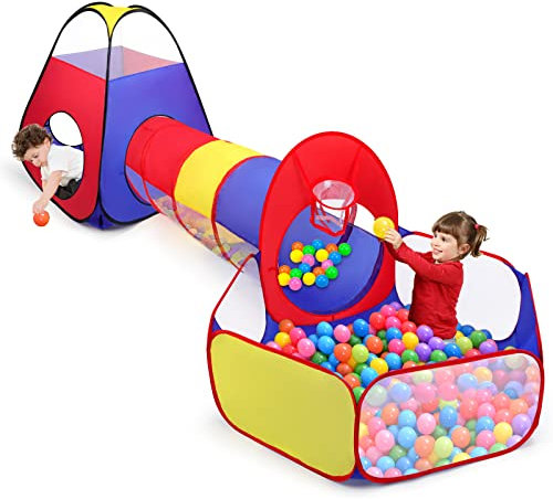 Tienda Campaña Infantil + Piscina de Bolas + Túnel Plegable 3 en 1 Pop Up, Opret Parque de Bolas Exterior o Interior, Juego de Regalo para Niños