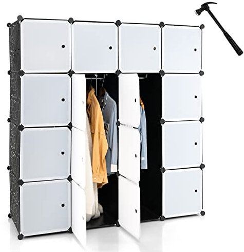CASART Foldable Closets, Portable 6/12/16/20/30 Cubes DIY Storage Modular, Space Saving Plastic Storage Organizer for Clothes, Books, Shoes, Toys(16 Cubes with Doors & 2 Hangers, Black+White)