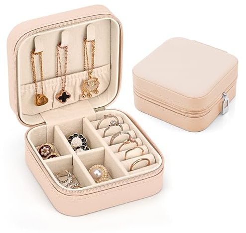 Januts Jewellery Box Organiser Mini Travel Jewelry Storage Case Portable Small PU Leather Jewelry Box with Zipper Storage Case for Rings Earrings Necklace Bracelets for Girls Women, Pink