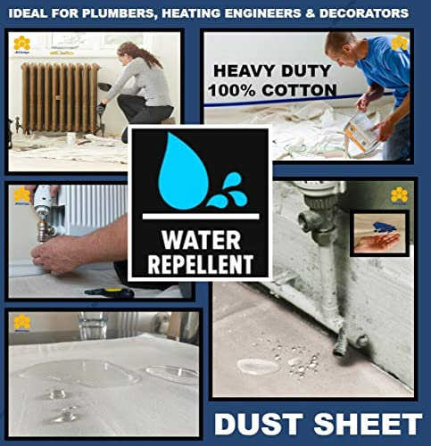Cotton Dust Sheets - Water Repellent - for Plumbers, Heating, Gas Boiler Engineers, Central Heating Installers, Painters, Decorators & Builders (Water Repellent, 6ft x 5ft)