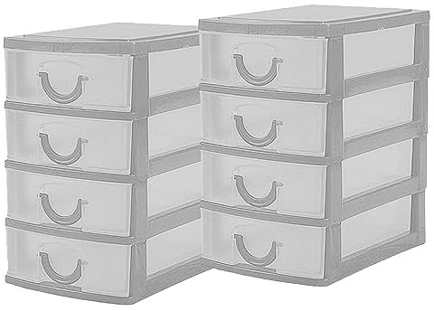 Lizzy 2 x Mini Storage Unit | 14.5cm x 9cm x 13cm | Transparent Mini Storage Tower | 4 Drawer with Handles | For Store Small Parts Crafts Desk Bathroom Kitchen Office (Grey)