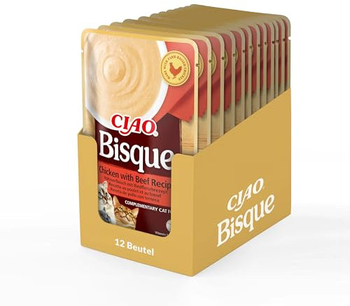 INABA Ciao Bisque Katzenfutter Nass Kalorienarm mit 28% Hühnerfleisch | Getreidefrei, Zuckerfrei, Keine Nebenerzeugnisse, Cremige Paste und Leckere Katzensuppe aus Japan 40 g (12er Pack)