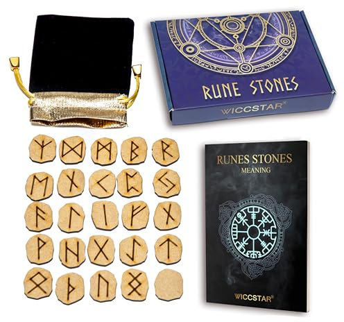 WICCSTAR Runes Stones set. Engraved 25 Pieces with 5 different layouts & Rune Meaning booklet
