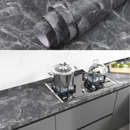 Grand rouleau de papier peint effet marbre finition mate, rouleau de plastique adhésif noir, papier de contact épais et imperméable pour meubles, plans de travail de cuisine
