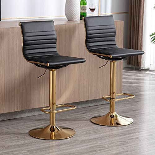 Wahson Lot de 2 Tabouret de Bar Doré en Cuir PU Chaise Bar Réglable en Hauteur Chaises Haute Cuisine avec Pied Doré, Tabouret Bar Erconomique pour Bar/Cuisine, Noir